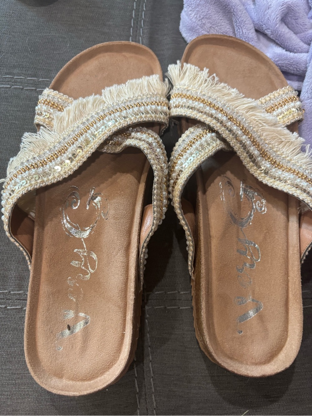 Very G Beaded Fringe Slide Sandals in Beige and Gold